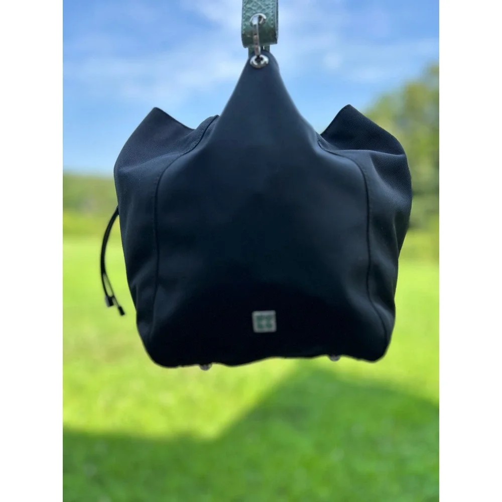 Kate Spade Drawstring Shoulder or Tote Bag Black Green Trim Nylon Like New!